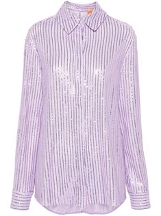 lavender purple recycled polyester sequin embellishment stripe and chevron pattern spread collar long sleeves with buttoned cuffs straight hem rear button fastening and concealed front button fastening This item is made from at least 50% recycled or upcycled materials. For recycled synthetic clothing products, we highly recommend using a microfibre-catching washing bag to ensure that no microplastics that can pollute water are released in the process. Learn more about what makes a product Conscious on our Conscious Criteria page Elegant Long Sleeve Sequin Shirt, Embellished Long Sleeve Party Shirt, Spring Long Sleeve Embellished Shirt, Spring Long Sleeve Sequin Shirt, Long Sleeve Sequin Shirt For Spring, Spring Workwear Shirt Embellished, Formal Sequin Blouse For Spring, Embellished Shirt, Stine Goya