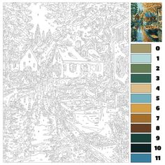 a coloring page with the color scheme for houses and trees in autumn, along with an image of a river