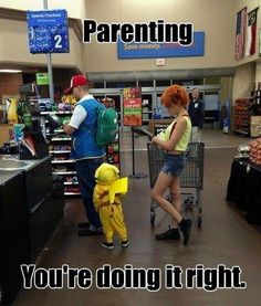 a man and woman standing in front of a shopping cart with a child dressed as pikachu