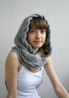 Light Gray Wool Hooded Cabled Long Scarf Cowl by denizgunes Winter Knitting Pattern In Gray, Cozy Gray Winter Knitting Pattern, Winter Cable Knit Pattern One Size, Cozy Gray Knitting Pattern, Cozy Gray Knitted Knitting Pattern, Winter Knitting Pattern For Cold Weather, Winter Crochet Knitting Pattern For Cold Weather, Cozy Winter Knitting Pattern With Yarn, Cozy Winter Knitting Pattern With Acrylic Yarn