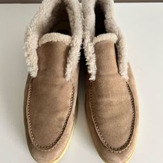 Fantastic Fur Shoes, Gently Worn 2 Times Loro Piana Fur Shoes, Suede Slip-ons With Round Toe For Galas, Suede Slip-ons For Galas, Beige Suede Lined Slip-ons, Elegant Beige Round Toe Slippers, Beige Slip-on Moccasins With Textured Sole, Elegant Suede Slippers With Round Toe, Beige Slip-on Moccasins For Galas, Winter Slip-on Loafers With Leather Sole