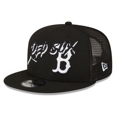 Gear up for Boston Red Sox game day with this Street Trucker 9FIFTY snapback hat from New Era. The front has a unique embroidered design of the team's name, and it sits on top of their iconic logo. The mesh mid and rear panels allow the breeze to flow through, so cheering on the Boston Red Sox can be as comfortable as ever. Officially licensed Material: 100% Polyester Structured fit Two solid front panels with eyelets High Crown Wipe clean with a damp cloth Embroidered graphics with raised detai Hip Hop Trucker Hat For Baseball Season, Hip Hop Snapback Hat For Baseball Season, Black Hip Hop Snapback Hat, Breathable Flat Bill Hat For Baseball Season, Black Fitted Hat With Letter Print For Baseball Season, Black Letter Print Fitted Hat For Baseball Season, Hip Hop Fan Gear Cap, Hip Hop Style Fan Gear Cap, Casual Snapback Fitted Hat For Fan Merchandise