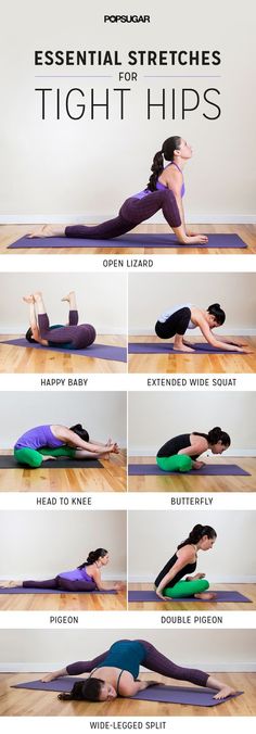 a woman is doing yoga poses with her legs spread out and the words, essential stretches for tight hipss