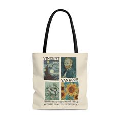 "This practical, high-quality Tote Bag is available in three sizes. All over print provides comfort with style at the beach or out in town. Made from reliable materials, lasting for seasons. .: 100% Polyester .: Boxed corners .: Black cotton handles .: Black lining .: NB! Size tolerance 0.75\" (1.9 cm))" Van Gogh Tote Bag, Tote Aesthetic, Tote Bag Art, Aesthetic Tote Bag, Van Gogh Sunflowers, Art Student, Teacher Tote, Bag Art, Van Gogh Paintings