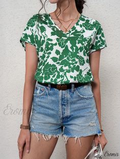 Eromis - Vintage Floral Printed V-Neck Blouse - Womens Short Sleeve Top for Spring & Summer Fashion Casual Floral Print V-neck Top For Summer, Green Printed V-neck Top, Green V-neck Top For Beach, Green V-neck Top For Vacation, Green V-neck Beach Top, Casual Green V-neck Blouse, Casual Summer V-neck Top With Floral Print, Summer V-neck Green Blouse, Green V-neck Top For Summer