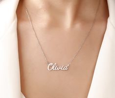 Dainty Cursive Name Necklace,Name Necklace for Girls,Personalized Name Necklace,Olivia name necklace,Cursive initial Necklace Silver CUSTOMIZE : You can write the name as you wish.(max 10 characters) -PRODUCT INTRODUCTION- Hello, thank you for choosing our store.  Our products are completely original silver. Our products are prepared by expert silversmiths. You have the right to return and exchange for defects caused by us. We are a manufacturer. We can customize many of our products.  Please co Olivia Necklace, Olivia Name, Initial Necklace Silver, Best Gift For Wife, Silver Bridesmaid, Sterling Silver Name Necklace, Necklace For Girls, Vertical Bar Necklace, Four Leaf Clover Necklace