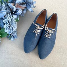 ❣ PRODUCT DESCRIPTION  Embrace the stylish minimal look effortlessly with these oxfords, which boast clean lines and a sleek silhouette.  The minimalist design exudes contemporary flair while maintaining a timeless appeal, ensuring that these shoes easily transition from season to season. Crafted with a luxurious blue velvet fabric, these oxfords seamlessly blend sophistication with a touch of elegance. The lace-up closure allows for customizable adjustment, while the low heel provides all-day c Spring Workwear Lace-up Shoes With Textured Sole, Classic Flat Lace-up Shoes For Office, Summer Oxfords With Leather Sole For Office, Summer Office Oxfords With Leather Sole, Spring Business Lace-up Shoes With Flat Heel, Casual Lace-up Shoes With Rubber Sole For Office, Blue Oxfords With Brogue Detailing For Spring, Summer Leather Sole Oxfords For Work, Spring Blue Oxfords With Brogue Detailing