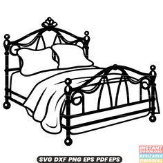 a black and white drawing of a bed with an iron frame, pillows and sheets