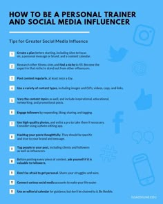 a blue poster with the words how to be a personal trainer and social media influence