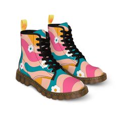 NOTE: You can expect extended delivery times on this item if ordered between September 25 and October 3. Carriers will return to their regular shipping times by October 4. Take a vibrant step back in time with our Women's Retro Groovy Canvas Boots. Radiating the spirit of the '60s and '70s, these boots will have you dancing through life with a spring in your step. From their eye-catching print to their quality construction, they're designed to boost confidence and invite onlookers to join you in Vintage Multicolor Boots For Fall, Retro Multicolor Boots For Fall, Multicolor Retro Boots For Fall, Funky Spring Boots, Funky Multicolor Boots For Spring, Vintage Spring Boots With Round Toe, Vintage Round Toe Boots For Spring, Retro Summer Boots With Round Toe, Retro Round Toe Summer Boots