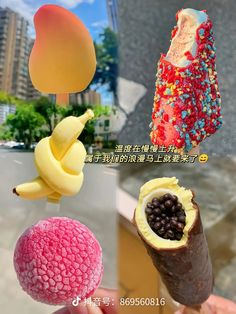 three different types of ice cream on sticks with fruit and candy toppings in them