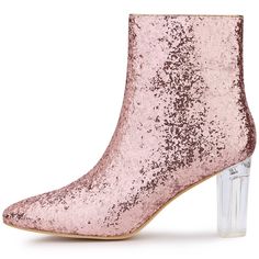 Can't help falling in love with these sparkly booties. The Glitter Ankle Boots have high block heels, a pointed toe, a low shaft that zips up the inside, and a safe cover on the mouth of shoes to prevent rubbing from the glitter. The glitter design will make you stand out in the crowd. It is a great choice for dating and hanging out with friends. It will win your heart via your feet. Winter Party Heels With Stacked Heel, Pink Low Heel Party Boots, Pink Low Heel Boots For Party, Pink Pointed Toe Boots For Party Season, Pink Block Heel Boots For Party, Pink Glitter Boots For Fall, Party Heeled Boots With Stacked Low Heel, Fall Sequined Heels With Pointed Toe, Party Heeled Boots With Low Heel