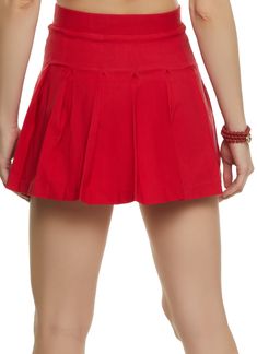 High Waisted, Mini Length, Pleated Skirt, Pleated, Solid, Item Number 1406068511027 Red Pleated Summer Bottoms, Red Pleated Bottoms For Summer, Red Cotton Pleated Mini Skirt, Red Pleated Mini Skirt For Summer, Red Cotton Lined Skort, Red Relaxed Skort For Summer, Red Casual Pleated Lined Skirt, Red Pleated Short Tennis Skirt, Casual Red Pleated Skirt With Lining