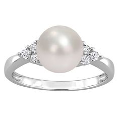 Featuring a lustrous freshwater cultured pearl and dazzling diamond side stones, this Stella Grace ring is a stylish complement to your wardrobe.Click on this JEWELRY & WATCHES GUIDE to learn about fit, styles, materials and more! Width: 8.4 mm Metal: sterling silver Plating: rhodium Finish: polished Packaging: boxedDIAMOND DETAILS Total weight: 1/8 ct. Shape: round Setting: prongCULTURED PEARL DETAILS Type: freshwater Size: 8 mm - 8.5 mm Shape: round Color: white Diamond weights are approximate Pearl Details, Right Hand Rings, Chakra Bracelet, Fancy Jewelry, Cultured Pearls, Womens Jewelry Rings, Rings Statement, White Diamond, Fresh Water