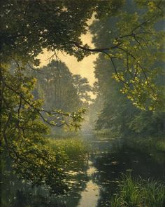 a painting of trees and water in the woods