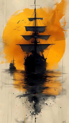 an artistic painting of a ship in the water with yellow and orange colors behind it