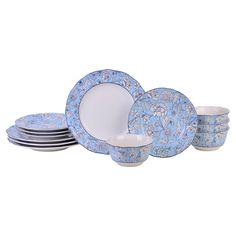 a set of blue and white dishes