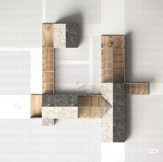 an abstract design made out of wood and concretes on a white background with geometric shapes