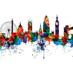 the skyline of london, england is painted in watercolor and has a ferris wheel