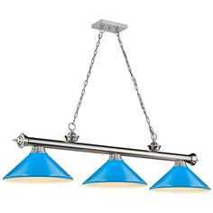 three light kitchen island fixture with blue glass shades