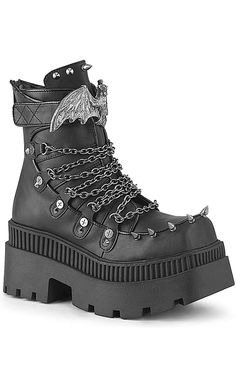 Stay Spooky™ with the WRATH-55 Platform Boots! These babies make a statement with the chains covering the front of the shoe and decked out with a metal bat top strap. 3 1/4" Inch (83mm) Chunky Heel 2" Inch (51mm) Square-Toe Platform Ankle Boot Featuring Ornamental Lacing Chain Detail, All Over Screw & Metal Spike Studs & Hook-N-Loop Large Metal Bat Top Strap Metal Spike Studs Hanging Double Chain & Charm Details Back Side Metal Zip Closure 100% Vegan. US women's sizing: refer to size chart for more info. Bat Top, Thigh High Sock, Gothic Culture, Metal Bat, Leather Platform Boots, Goth Boots, Demonia Shoes, Metal Spikes, Clothing Art