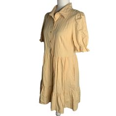 Roylamp Short Sleeve Ruffle Shirt Dress S Yellow Buttons Pockets Side Zipper NEWNew with tagsChest: 17" laying flatSleeves: 12" laying flatWaist: 16" laying flatLength: 34" shoulder to hem65% Cotton, 35% PolyesterMade in China Casual Cotton Ruffles Shirt Dress, Casual Cotton Shirt Dress With Ruffles, Cotton Ruffled Button-up Shirt Dress, Cotton Button-up Shirt Dress With Ruffles, Collared Cotton Shirt Dress With Ruffles, Cotton Collared Shirt Dress With Ruffles, Casual Collared Shirt Dress With Ruffles, Cotton Button-up Mini Dress With Ruffles, Ruffled Button-up Cotton Mini Dress