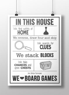 a poster hanging on the wall that says in this house we serve, draw four and skip clues