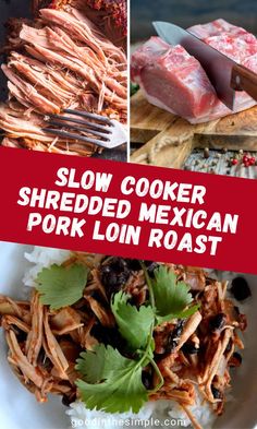 Slow cooker shredded Mexican pork loin roast. Pork Taco Meat Crockpot, Pork Tip Roast Recipes, Pork Loin Shredded Crock Pot, Mexican Pork Crockpot Recipes, Pork And Potatoes Recipes Mexican, Carnitas Crockpot Pork Loin, Shredded Pork Loin Recipes Crockpot