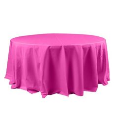 a bright pink round tablecloth on a white background with no people around the table