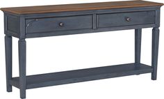 a blue console table with two drawers