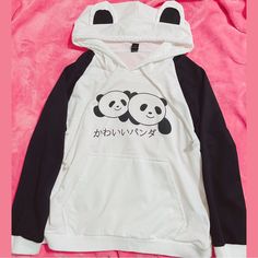 This Is A Black And White Panda Japanese Letter Hoodie Sweater Shirt For Women The Hood Has 2 Cute Panda Ears The Size Is Medium It Is Brand New And In Great Condition. It Has No Damages, No Signs Of Wear, And No Tears I Ship Within 1-3 Days Excluding Sundays And Holidays From A Smoke-Free House Kawaii Winter Hooded Tops, White Kawaii Outerwear For Winter, White Harajuku Hoodie For Fall, White Harajuku Long Sleeve Hoodie, White Long Sleeve Harajuku Hoodie, White Kawaii Hoodie Outerwear, White Kawaii Hoodie With Letter Print, White Fleece Outerwear With Graphic Print, Harajuku White Hoodie Tops