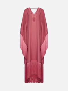 Taller Marmos Very Ross long kaftan in peony pink viscose and acetate blend crepe featuring a front and back V neck and decorative fringes at the hem. Composition: 78% acetate 22% viscose Taller Marmo, Ritu Kumar, Peony Pink, Long Kaftan, Pleats Please Issey Miyake, Batwing Sleeve, Aza Fashion, Luxury Boutique, Occasion Wear