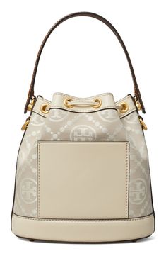 Logo-jacquard canvas and smooth leather provide textural interplay on this bucket bag featuring a drawstring closure cinched with a logo-embellished toggle. Structured silhouette with flat base and protective metal feet Lined Textile with leather trim Imported Designer Cream Bucket Bag, Designer Cream Bucket Bag With Detachable Handle, Designer Cream Bucket Bag With Gold-tone Hardware, Cream Bucket Bag With Gold-tone Hardware For Travel, Designer Bucket Shoulder Bag With Logo, Luxury Cream Bucket Bag With Gold-tone Hardware, Bucket Shoulder Bag With Logo, Travel Cream Bucket Bag With Gold-tone Hardware, Designer Logo Bucket Shoulder Bag