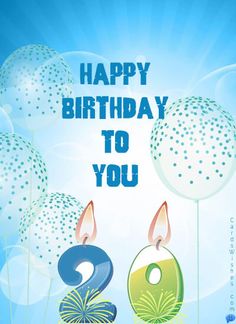 happy birthday to you card with two candles and balloons in the air, on blue sky background