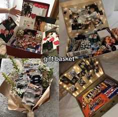 the gift basket is filled with photos and candies for someone's special occasion