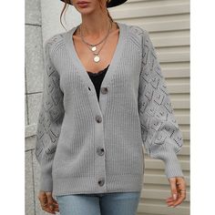 Gray Solid Hollow-out Long Sleeve Knit Cardigan Solid Open Knit Cardigan, Gray Knitted Cardigan For Fall, Gray Knitted Sweater Coat For Spring, Casual Pointelle Knit Cardigan For Winter, Spring Gray Knitted Sweater Coat, Fall Pointelle Knit V-neck Outerwear, Casual Fall Cardigan With Pointelle Knit, Fall V-neck Pointelle Knit Outerwear, Fall Layering Pointelle Knit Cardigan