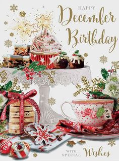 a happy birthday card with cupcakes, cookies and other holiday treats on a cake stand