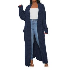 Navy Blue Open Front Cable Knit Pocket Long Cardigan Blue Solid Color Winter Cardigan, Blue Cozy Cardigan For Fall, Cozy Blue Cardigan For Fall, Blue Winter Cardigan, Blue Knit Outerwear For Fall, Blue Winter Sweater Coat With Pockets, Blue Cable Knit Outerwear For Fall, Blue Cable Knit Cardigan For Spring, Blue Cable Knit Outerwear