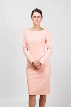 Pink Long Sleeve Lined Pencil Crepe Dress by TAVROVSKA Round | Etsy Fitted Boat Neck Midi Dress For Party, Fitted Long Sleeve Dress For Wedding Guest, Boat Neck Bodycon Dress For Parties, Bodycon Boat Neck Dress For Party, Bodycon Boat Neck Party Dress, Party Bodycon Dress With Boat Neck, Elegant Bodycon Midi Length Dress, Chic Long Sleeve Bodycon Wedding Dress, Chic Fitted Midi Dress With Boat Neck