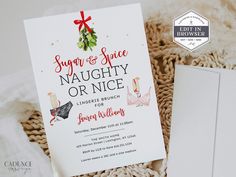 Invite guests to a Sugar and Spice Naughty or Nice lingerie shower, brunch, personal shower or bachelorette party! Celebrate the bride with a festive holiday theme! This invite features watercolor mistletoe and pretty lingerie. This is an editable invitation that you personalize and edit through Corjl.com DEMO LINK: Try before buying! Simply copy and paste the URL below into your browser: https://www.corjl.com/d/6JO8M WHAT YOU GET ✔ 5x7 Digital Invitation template ✔ Final design can be saved as Fall Engagement Party Invitations, Hen Party Invite, Watercolor Mistletoe, Nice Lingerie, Bachelorette Brunch, Christmas Bride, Hens Party Invitations, Christmas Lingerie, Bbq Invitation