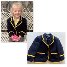 This very smart small child's blazer is the quintessential English school blazer. Made out of 100% navy blue wool with daffodil yellow satin trim, the lining is polyester. It has two patch pockets on the front and two inside pockets, one with a zip. The blazer does up girls way,, right to left, however this blazer would be perfectly suitable for a small boy. Made in England by Perry's of Leeds, making school uniform since 1946, with shops in Knightsbridge too. The blazer is chest size 24in (61cm Blue School Blazer, School Blazer, Daffodil Yellow, Kids Jackets, Yellow Satin, Small Boy, Levis Jacket, Yellow Ribbon, Ribbon Trim