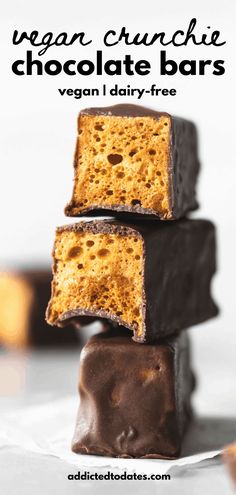 vegan crunchie chocolate bars stacked on top of each other with text overlay