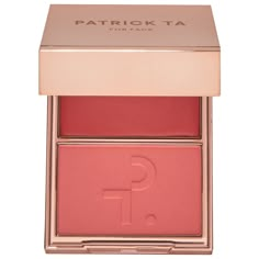 A compact with two complementary blush formulas that give you full, bold colorguaranteed to turn heads. Highlighted Ingredients: - Patented Biomimetic Pigments: Mirror the skin's ceramide structure, ensuring adhesion, true color, and the most natural finish.- Micronized Pigments: Provide even, flawless payoff, a luminous finish, and extended wear. - Creamy Emollient Base: Flawlessly blends into skin, provides a dewy finish, and locks in color for extended wear. Ingredient Callouts: Free of sulf Patrick Ta, Peach Blush, Makeup Needs, Powder Blush, Cream Blush, Makeup Items, Double Take, Foundation Brush, Makati