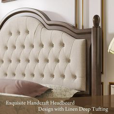 an elegant headboard with linen deep tufting is featured in this bedroom setting