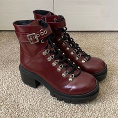 Nwot - Never Worn, No Box Rare Jeffrey Campbell X Free People Czech Platform Combat Boot Side Zip Closure Synthetic Upper/Leather Lining/Synthetic Sole Shaft Height 6” Platform 1” Heel 2.5” Trendy Burgundy Leather Boots, Trendy Burgundy Boots With Round Toe, Red Leather Platform Boots, Burgundy Leather Platform Boots, Red Leather Combat Boots, Red Leather Combat Boots With Round Toe, Red Platform Combat Boots, Burgundy Leather Lace-up Boots, Jeffrey Campbell Legion Boots