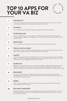 the top 10 apps for your vabiz list is shown in black and white