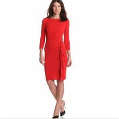 Dress: 95% Polyester 5% Spandex Lining: 100% Polyester Imported Dry Clean Only Goldtone Tab Gathers At The Waistline Bateau Neckline And Draped Skirt Hidden Side Zip Closure Approximate Measurements Taken Flat Bust 17.5” Waist 14” Length 39”Eliza Jlong Sleeve Dress With Side Gathering Fitted Red Elastane Dress, Elegant Red Elastane Dress, Red Fitted Elastane Dress, Flattering Fitted Red Dress, Red Midi-length Elastane Dress, Red Stretch Midi Dress For Work, Red Midi Length Elastane Dress, Formal Red Elastane Dress, Red Elastane Spring Dress