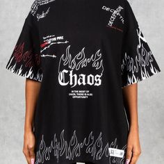 Oversized Fit Signature All Over Chaos Prints 100% Cotton 200gsm Jersey Outer Label With Iridescent Coded Tag Detail Designed In The England Oversized Black Printed T-shirt, Oversized Grunge T-shirt With Logo Print, Oversized Black Grunge T-shirt, Black Short Sleeve Top With Graffiti Print, Black Hip Hop Top With Graffiti Print, Oversized Black Grunge Tops, Black Relaxed Fit Top With Graffiti Print, Black Tops With Graffiti Print And Relaxed Fit, Trendy Black T-shirt With Graffiti Print