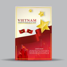 a brochure with the flag of vietnam and stars in the sky, on a gray