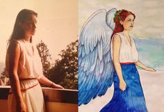 two pictures side by side one with an angel and the other with a blue dress